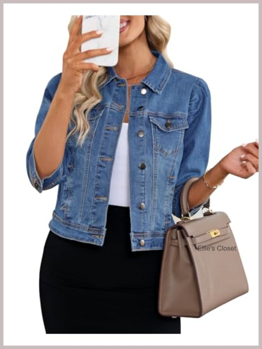 Cropped Denim Jacket Stretch 3/4 Puff Sleeve Shacket with Pockets